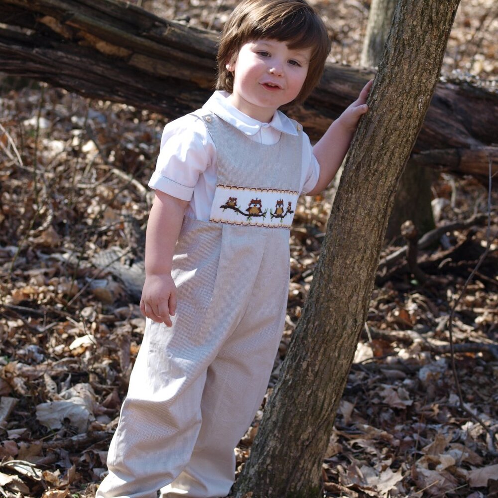 Fall Winter Thanksgiving Boys Longall with Hand Smocked Owls, Coordinated Shirt